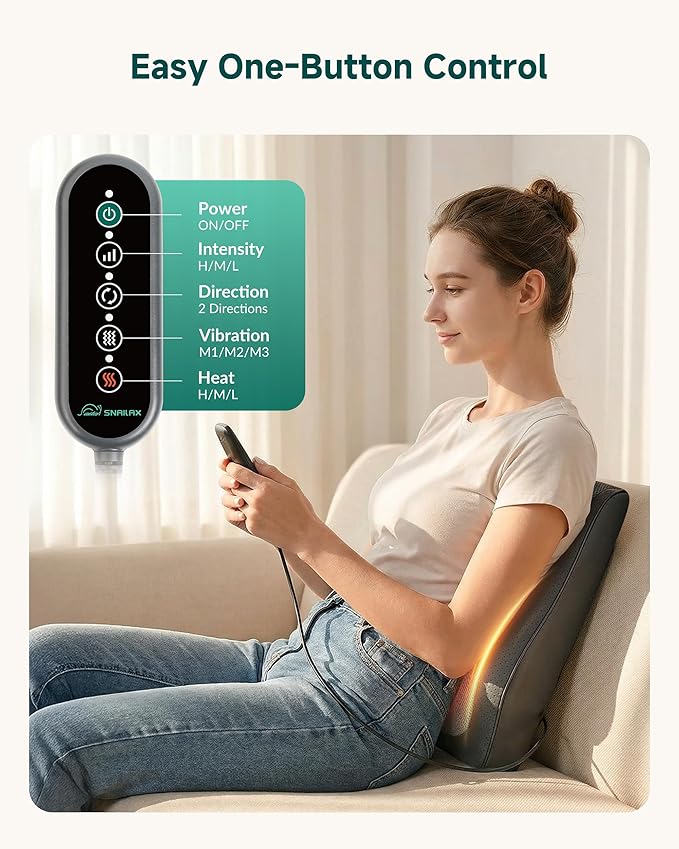Snailax Back Massager with Heat – 3D Shiatsu Massage Pillow for Neck & Back, Fixed Kneading Nodes, Chair & Sofa Use, Gift for Mom, Dad, Women & Men