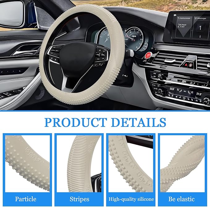 Wuyaoyao Car Steering Wheel Cover, Anti-Slip Silicone Steering Wheel Cover Protector, Non-Slip Massage Grip Auto Wheel Cover Fits 14-15 Inch, Universal Interior Car Accessories (Beige)
