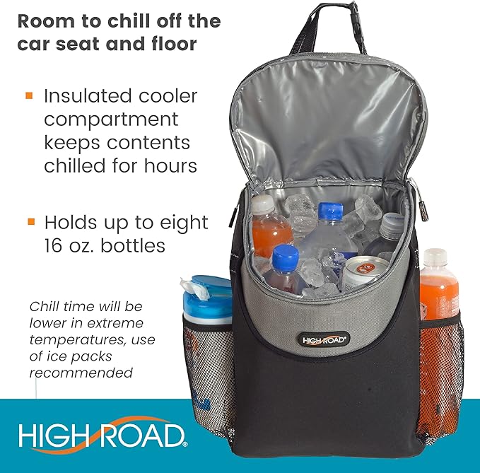 High Road SnackStash Soft Car Cooler Bag for Cold and Hot Food Transport - Insulated Backseat Cooler Bag for Car, SUV, Truck or Van - Portable Soft Cooler with Storage Pocket and Bottle Holders