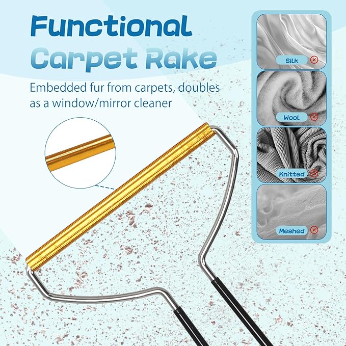 5-in-1 Pet Hair Remover Kit, Washable & Reusable Gel Lint Roller with 40.5" Extendable Handle, Cat Dog Hair Removal Tool, Carpet Rake & Grooming Gloves for Pets, Couch, Furniture, Clothes