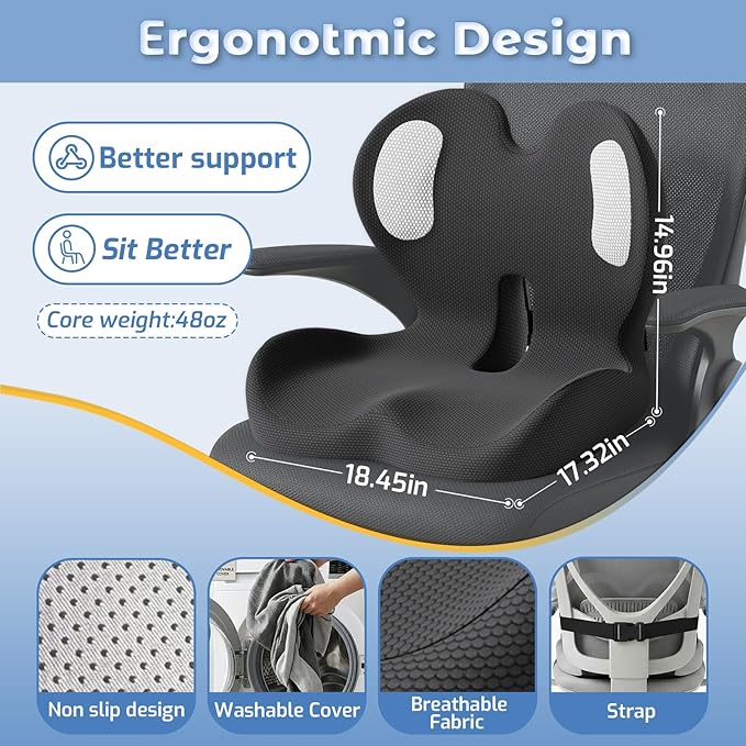 Seat Cushion,Memory Foam Chair Cushion for Office and Car,Ergonomic Coccyx Seat Cushion for Tailbone,Sciatic Nerve,Back Pressure Relief,Lumbar Support Pilow for Office,Car,Truck,Desk Chair