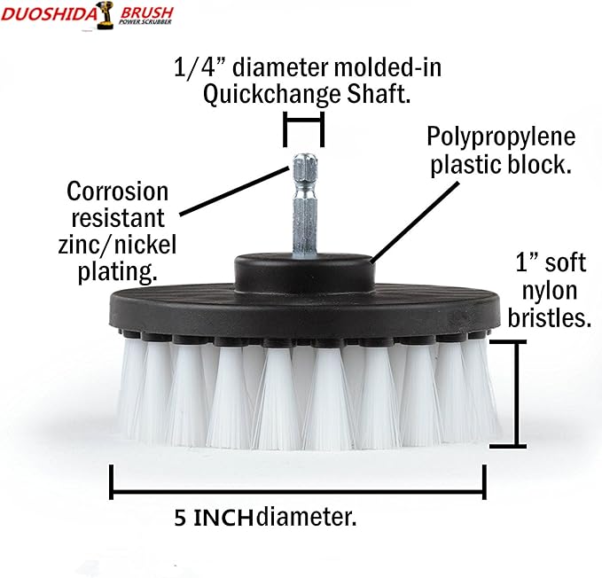 5 Piece Soft, Medium and Stiff Power Scrubbing Brush with 6 Inch Size Extender Drill Attachment for Cleaning Showers, Tubs, Bathrooms, Tile, Grout, Carpet, Tires and Boats by DrillStuff