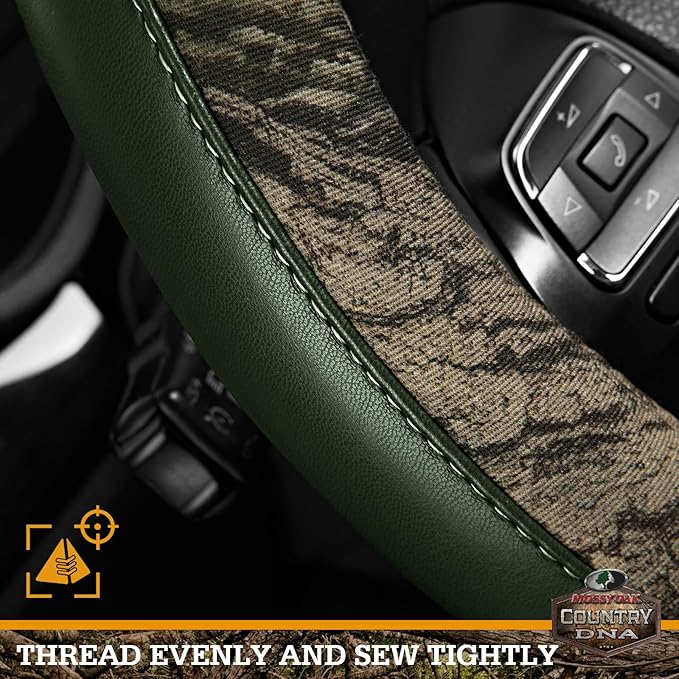 Mossy Oak Camo Steering Wheel Cover, Durable Grip Car Steering Cover, Universal Fit 14.5"–15.5" - Made with Premium Green PVC Leather and Cotton Fabric, Anti-Slip - Official Licensed Product