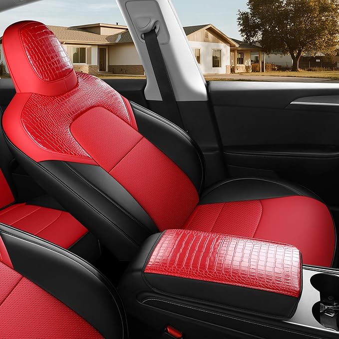 for Tesla Model Y Seat Cover 2020 2021 2022 2023 2024 (5-Seater Only) Customized Fit Car Seat Cover Interior Protectors (Crocodile Skin Red+Black)