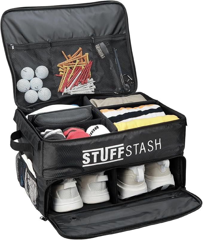 STUFFSTASH Golf Trunk Organizer for Car – Rigid, Won’t Collapse | Ventilated Shoe Compartment, Adjustable Dividers & Mesh Pockets | Golf Gift for Men & Women | Premium Car Trunk Storage Organizer