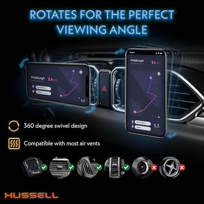 HUSSELL Magnetic Phone Car Mount, Air Vent Phone Mount for Car 360° Adjustable Universal Magnet Phone Holder - Compatible with Any Cell Phone, iPhone Galaxy LG Huawei