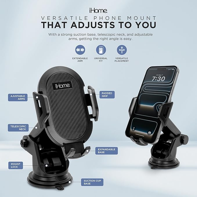 iHome Car Mount, Dashboard/Windshield/Vent Mount, Swivel Neck, Silicone Grip, Adjustable Mount Arm with Suction Cup Base (Extendable Car Mount)