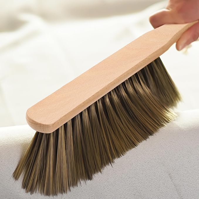 Hand Broom, 3 Pcs Dust Brush Set, 5 Rows Wider Horsehair Brush with Reinforced Fiber and Beech Wood Handle, Soft and Flexible for Furniture, Sofa, Bed, Clothes, Carpet, Counter, Bench