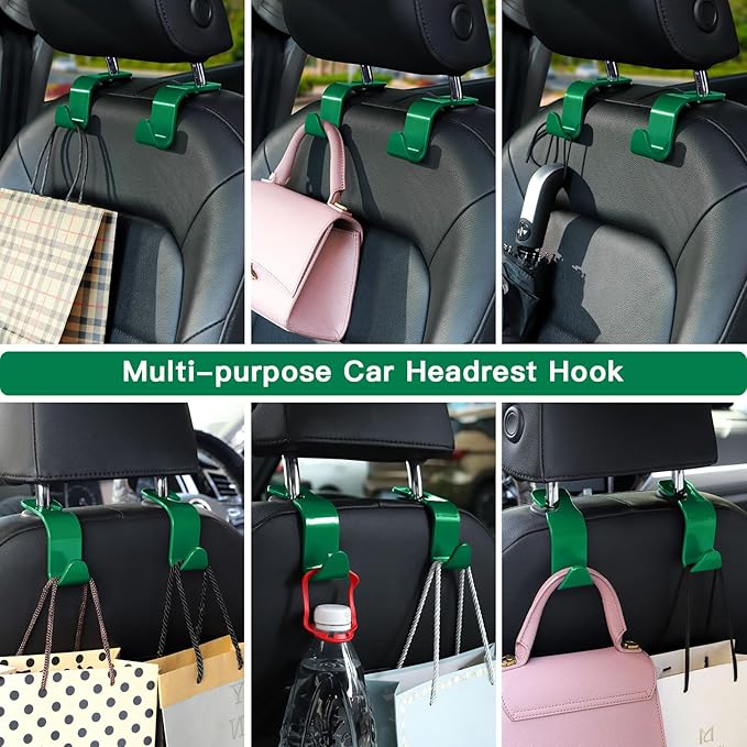 Soleebee 4 Pack Car Headrest Hooks - Universal Auto Hooks, Back Seat Hangers, Storage Organizer (Green)