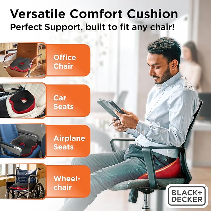 BLACK+DECKER High Back Tailbone Seat Cushion – Memory Foam Chair Cushion for Office, Car, Wheelchair & Airplane – Ergonomic, Non Slip, Breathable Mesh, Sciatic Pain Relief, Washable Cover, Purple