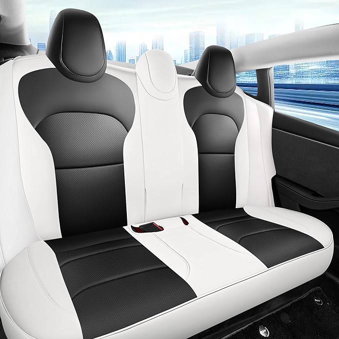 for Tesla Model 3 Seat Cover 2024 2025 Long Range (Not for Performance) Waterproof Nappa Leather Seat Cover Full Set for Tesla Model 3 (T3-Black+White 24-25)
