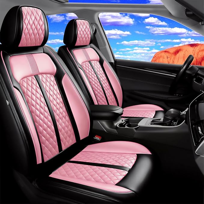 Fit Sonic Car Seat Covers for Select Chevrolet/Chevy Sonic 2012-2020, Premium Full Coverage Leather, Airbag Compatible, Waterproof All Weather Seat Cushion Protector, Full Set, Black+Pink
