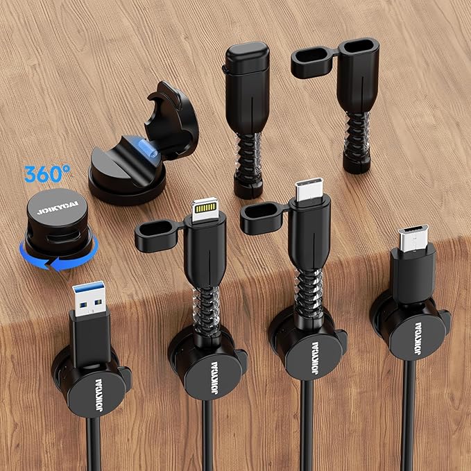 6 Desktop Cord Organizer Magnetic Spring Cable Clips Rotatable Cord Holder 2 Charging Cord Protecors for Nightstand Phone Charger Organizer Computer Desk Cable Management Appliance Adhesive Wire Strap