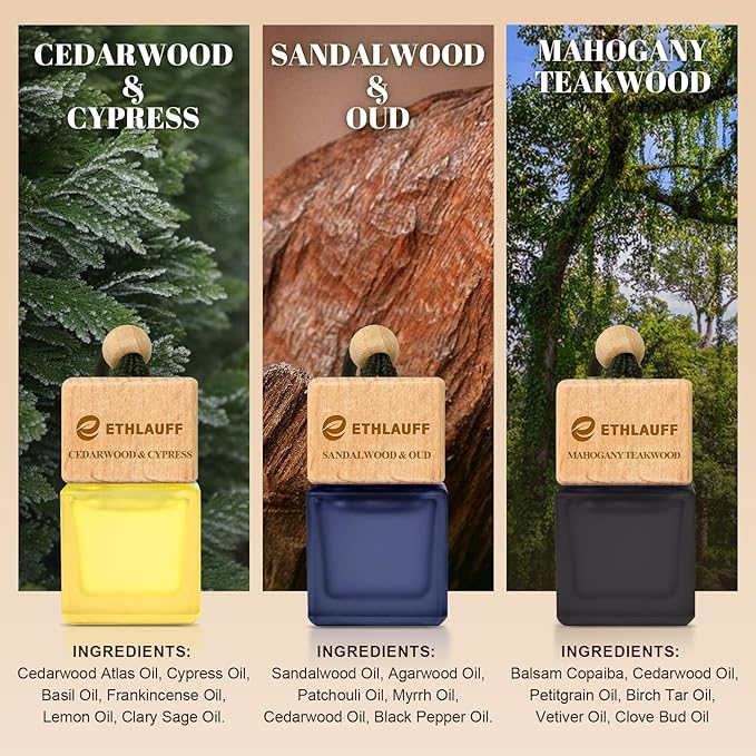 Car Air Freshener Hanging, 3 Pcs Teakwood Mahogany, Sandalwood & Oud, Cedarwood & Cypress, Wooden Scent Air Fresheners Diffuser for Car, 45+ days Long Lasting Fragrance, 0.27 FL OZ/8ML