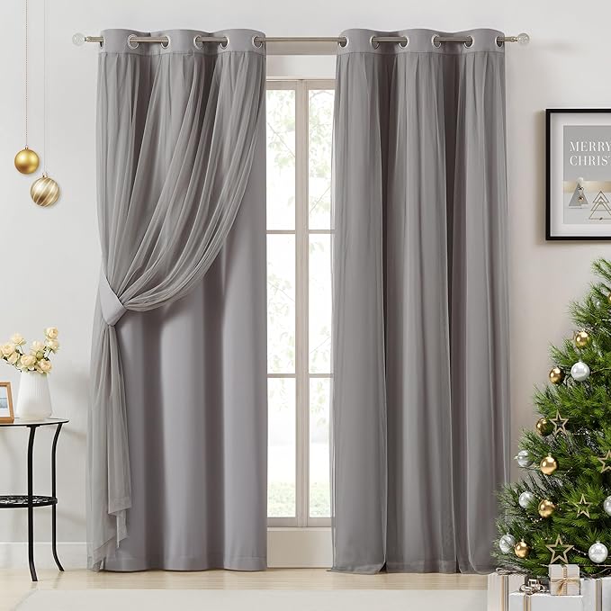 Bujasso Grey 90% Blackout Curtains with Sheer Overlay Mix and Match Double Layer Window Curtains Thermal Insulated 84 inch for Living Room Bedroom Gray Drapes with Tiebacks Grommet Top 37" Wx84 Lx2