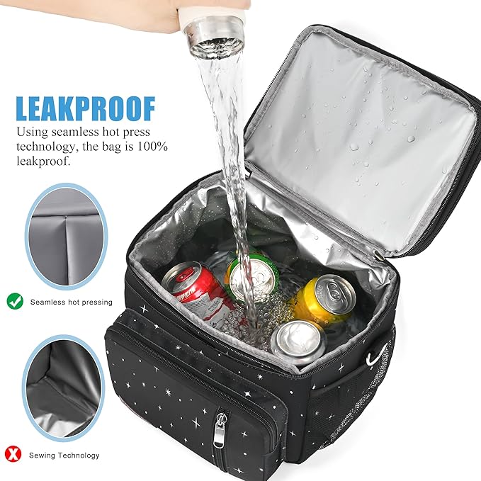 MIYCOO Lunch Bag & Lunch Box for Women Men, Double Deck Leakproof Insulated Soft Large Adult Camping Cooler bag for Work, Beach, Picnic, Travel (Black Starry Sky, 15L)