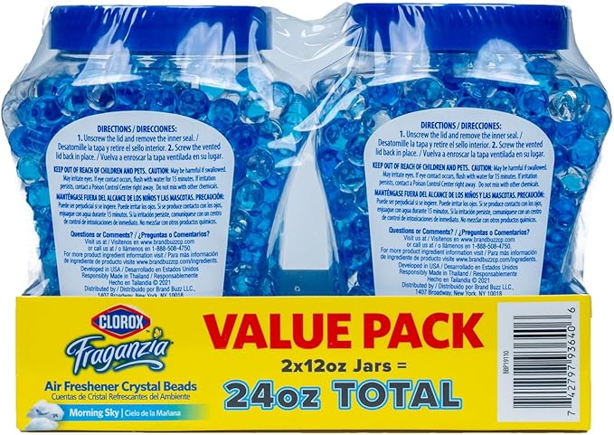 Clorox Fraganzia Crystal Beads Air Freshener Twin Pack, Long Lasting Room Deodorizer and Odor Eliminator Gel Beads for Home, Car, or Office, Morning Sky Scent, 24 Fl Oz