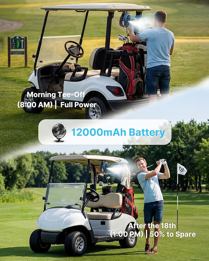 BOYISEN Magnetic Golf Cart Fan with Misting, 12000mAh Battery Operated Portable Fan 4 Speeds, LED Lantern, Universal Fit for EZGO Club Car Yamaha, Cruise Ship Accessories Travel Essentials