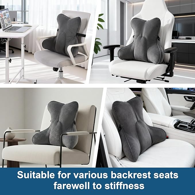 Lumbar Support Pillow (Pat. Pend) for Office Chair, Couch, Recliner & Car Seat, Ergonomic Back Support for Lower Back Comfort, with Adjustable Strap to Stay in Place, Steel Gray