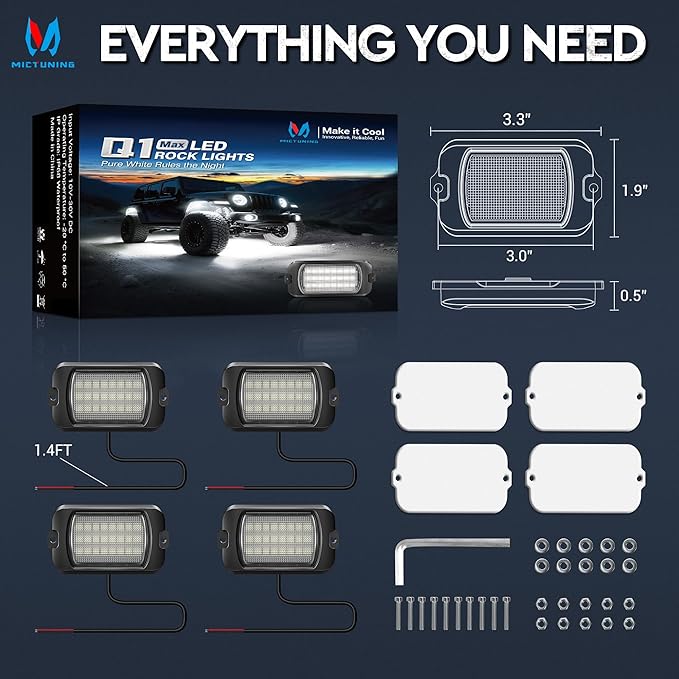 MICTUNING Q1 Max White Rock Lights, 4 Pods Super Bright Pure Underglow Light Kit, IP68 Waterproof for Truck Car ATV UTV Golf Cart (2 Year Warranty)