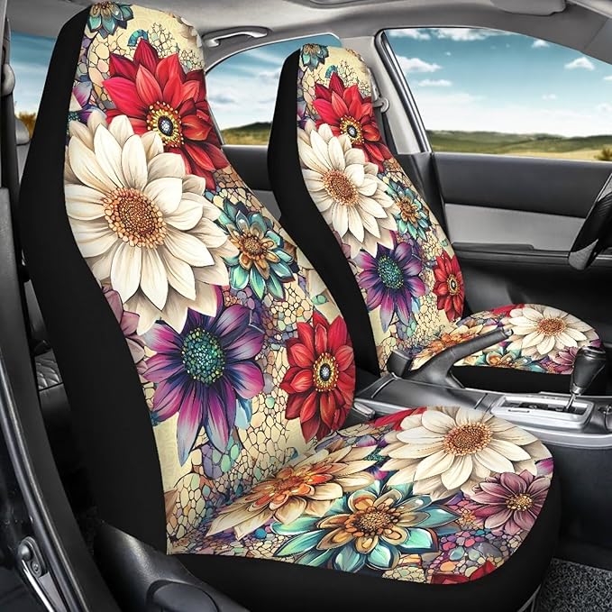 BIGCARJOB Blossom Lotus Car Seat Covers Set for Front Only Boho Lotus Print Car Interior Accessories Cute Seat Protector for Cars Saddle Blanket,Fit Most Vehicle,Cars,Sedan