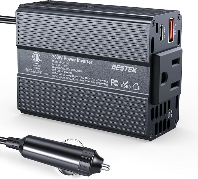 BESTEK Power Inverter DC 12V to AC 110V - 200W Car Plug Adapter Outlet PD 30W USB-C & QC18W USB-A Fast Charging Port - Car Charger Cigarette Lighter Adapter for Phone, Laptop - ETL FCC Certified