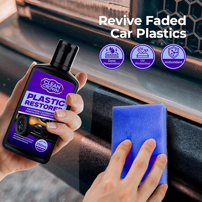 Plastic Restorer for Cars (8.45 fl oz), User Friendly Car Trim Restorer, Quick Plastic Trim Restorer with Free Sponge Applicator, Restores Faded Car Plastics, Bumpers & Against UV Rays