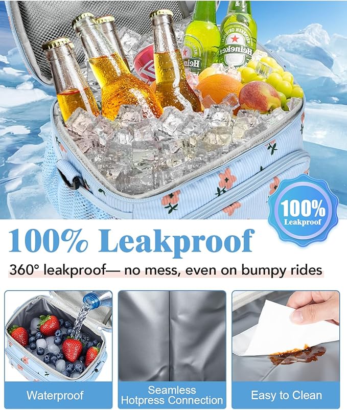 Insulated Lunch Bag for Men & Women, 9L Leakproof Lunch Box Soft Cooler Tote with 5 Pockets, 600D Oxford, EVA Lining, Adjustable Strap for Work, Picnic, Beach&Travel-Corduroy Pink Flower
