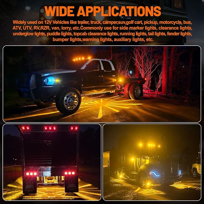 Dual Function 4Pcs Amber Watermelon Lights Strobe+Constant LED Side Marker Clearance Turn Signal Top Cap Roof Underglow Tail Trailer Lights for Semi Truck,Bus,Van,Camper,Golf cart