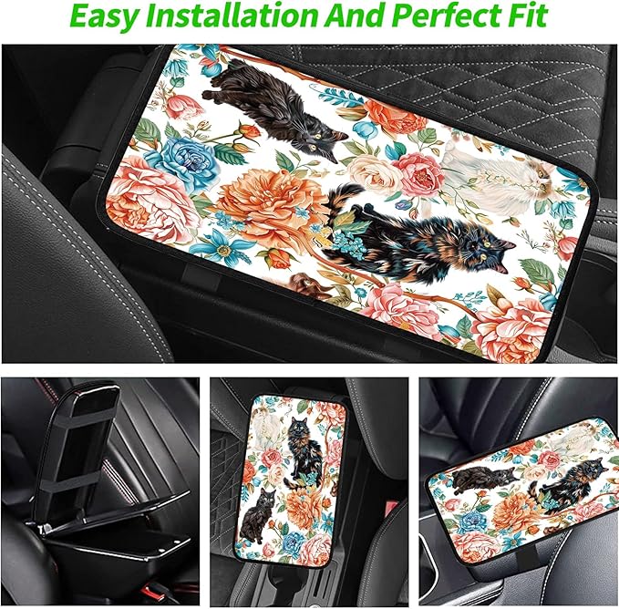 Car Armrest Cover Pads Universal Fashion Cute Auto Center Console Armrest Cover Pad with 2PCS Car Coasters Soft Waterproof Car Armrest Seat Protector for Women, Three Cats Penoy