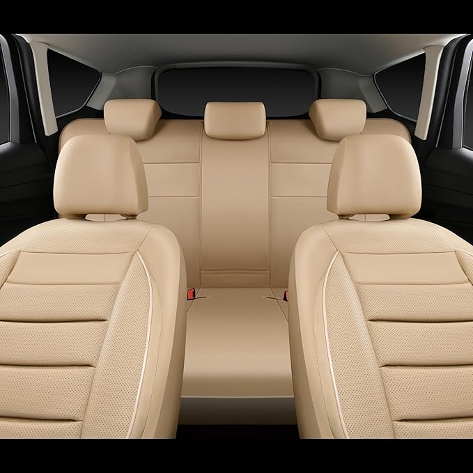 CAR PASS Leather Seat Covers Full Set Universal Water Resistant 3D Foam Back Support, Luxury Comfort Automotive 5 Seat Covers All Season Fit for SUV,Sedan,Van, Airbag Compatible Elegance (Beige)
