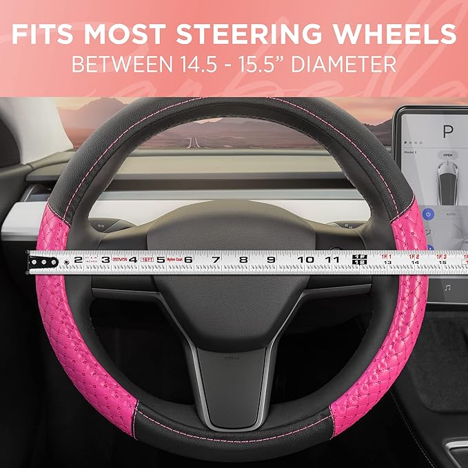 Pink Sequin Bling Steering Wheel Cover, Standard 15 Inch Size Fits Most Vehicles, Cute Faux Leather Car Steering Cover with Diamond Rhinestone Glitter Like Detail, Car Accessories for Women