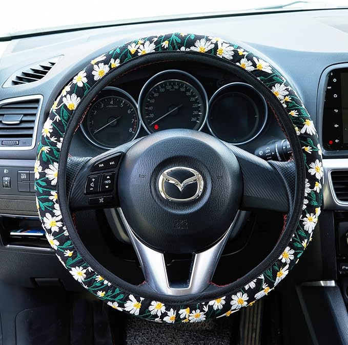 Embroidered Flowers Black Cute Daisy Steering Wheel Cover Auto Anti-Slip Breathable Steering Wheel Protector,Floral Car Accessories for Women,Universal Size Fit Most Cars -15 inch