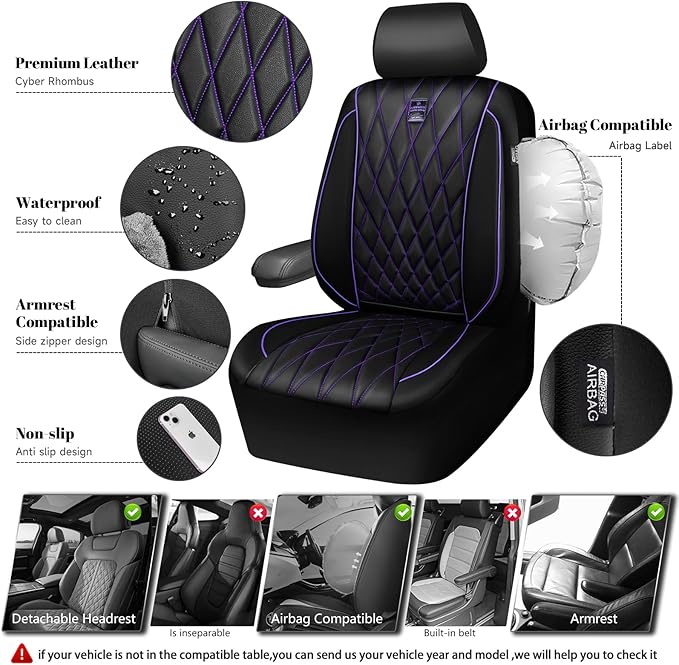CAR PASS Piping Luxury Faux Leather Two Front Car Seat Covers, Waterproof Anti Slip Premium Automotive Seat Covers,Universal Fit for Suvs,Vans,Trucks, Armrest Airbag Compatible (Black and Purple)