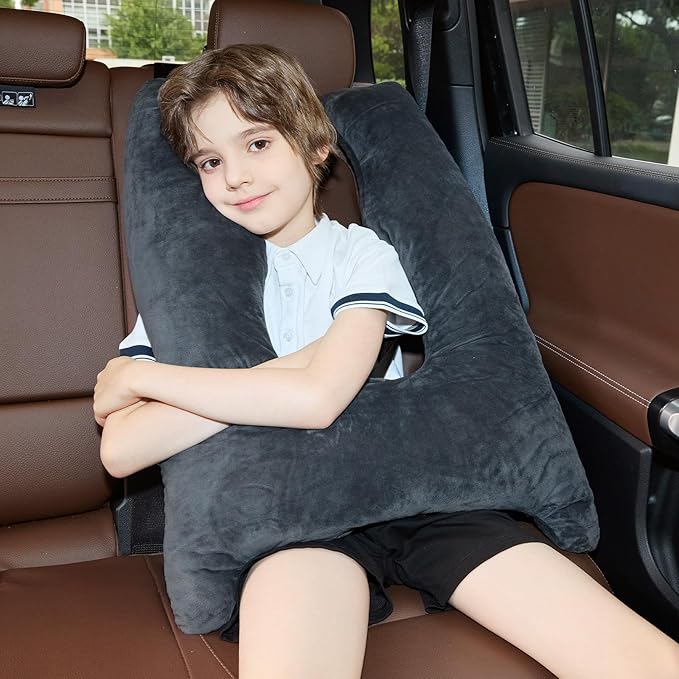 Car Pillow for Kids Travel Pillow with Adjustable Strap,Children Neck Pillow for Car Headrest to Support Head and Body Road Trip Essentials (Grey)