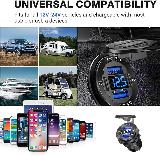 Upgraded 4 Port 12V USB Outlet, 78W Dual PD & QC Aluminum Alloy USB Ports with LED Voltmeter Waterproof for Cars, Cigarette Lighter Replacement 12V Socket for Boats RV Trucks and Motorcycles