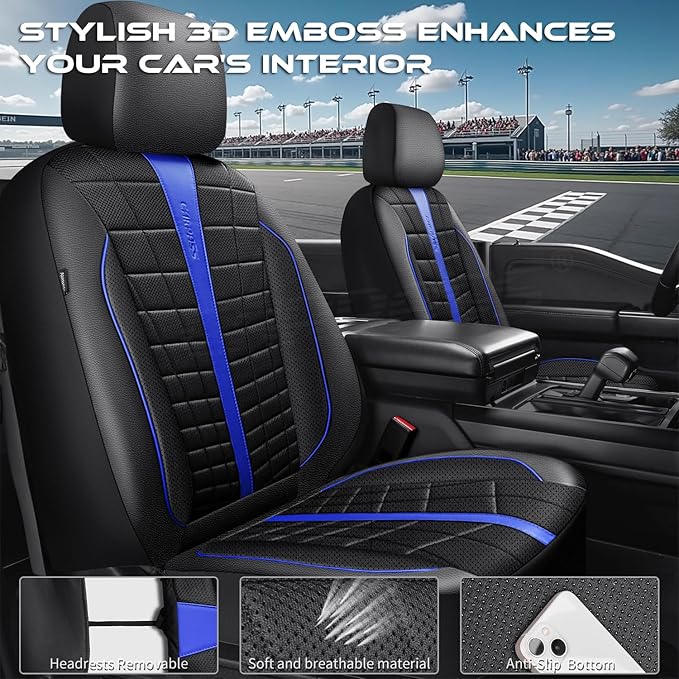 CAR PASS 3D Air Mesh Black Blue Seat Covers for Car,Leather Car Seat Cover Front Seats,Breathable Foam Premium Leather Mesh Front Seat Covers Universal Fit for Cars Sedans Trucks Vans SUVs,Black Blue