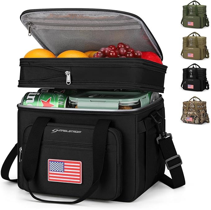 Maelstrom Lunch Box, 23L Insulated Lunch Bag, Expandable Double Deck Cooler Bag, Lightweight Leakproof Tote Bag With Side Tissue Pocket, Suit For Men and Women (F Black with DIY Hook-and-Loop)