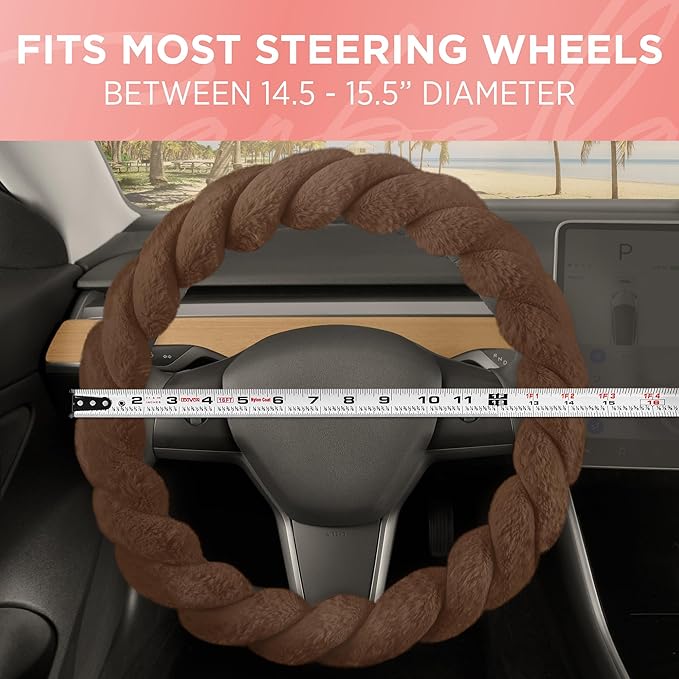 Carbella Twisted Fur Brown Soft Steering Wheel Cover, Standard 15 Inch Size Fits Most Vehicles, Fuzzy Fluffy Car Steering Cover with Soft Faux Fur Touch, Car Accessories for Women