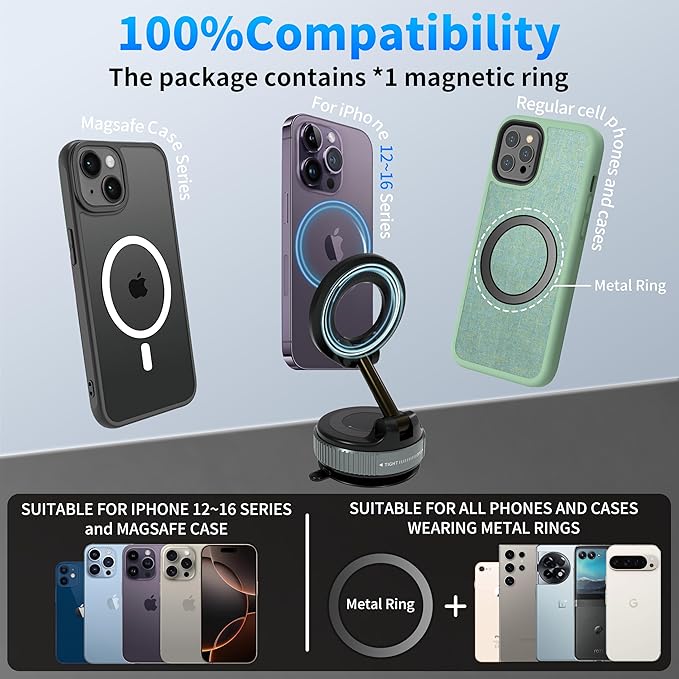 Vacuum Car Phone Holder Magnetic with 24 Mags, 360-Degree Adjustable Suction Cup Mount, Rotary Suction & Release for Easy Storage, Compatible with MagSafe & Magnetic Cases, Black
