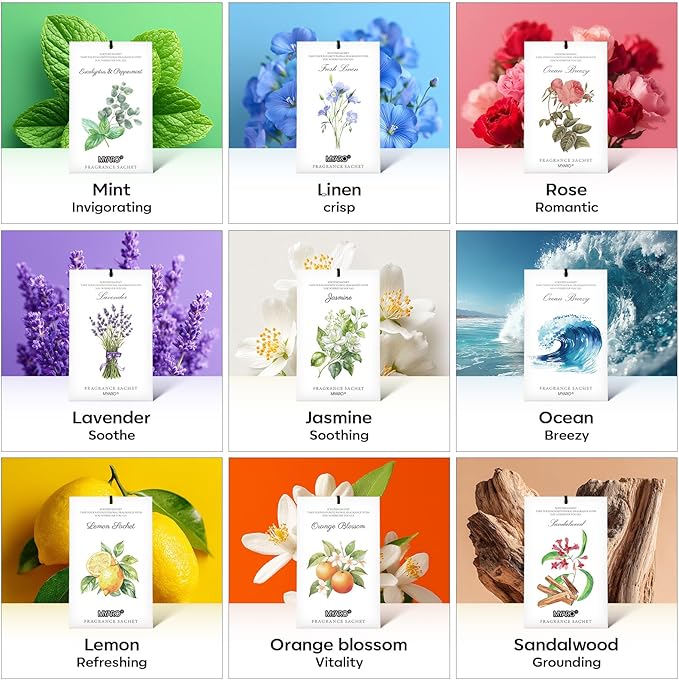MYARO 12 Pack Jasmine Scented Sachets for Drawer, Closet & Small Spaces Air Freshener Bags, Odor Eliminator for Car, Shoes, Bathroom Home Fragrance Gift Set