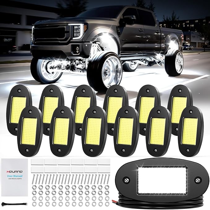 Hovano 12 Pods COB White Rock Lights, 120 COB Chips 6500K Pure White Super Bright Neon Underglow, IP68 Waterproof Shockproof Off-Road Light Kit for Pickup Trucks, SUV, UTV, ATV, RZR, Cars & Boats