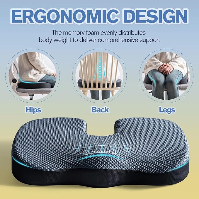 Mureon Seat Cushion for Office Chairs, Large Memory Foam Cushion for Car, Pressure Relief Ergonomic Chair Cushion with Non-Slip Cover for Soft Support for Hip All Day Comfort - Navy