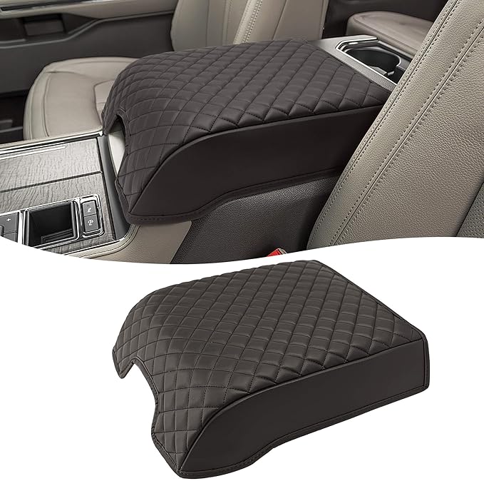 KBH Center Console Armrest Cover for 2015-2020 Ford F150, 2017-2022 F250 F350 F450 F550, 2018-2024 Expedition, Bucket Seat, PU Leather Cushion Thick Pad, Anti-Scratch, Brown (Not for Other Models)