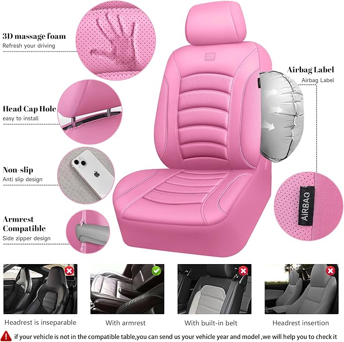 CAR PASS 3D Foam PU Leather Pink Car Seat Covers, Universal Seat Covers Front 2 for Trucks SUV Sedan Automotive Seat Covers Armrest Airbag Compatible Waterproof Comfortable Faux Nappa Leather All Pink