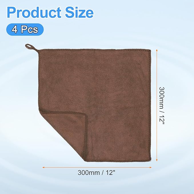 HARFINGTON 4 Pack Microfiber Cleaning Cloth, 12" x 12" Multi-Functional Cleaning Towels Reusable Absorbent Rags with Hook for Car Wash Kitchen Household Window Clean, Brown