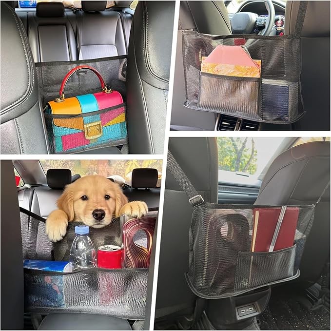 Car Storage Bag, Auto Net Pocket Handbag Holder, Driver Storage Netting Pouch for Document Phone Tissue Purse Storage, Organizer Mesh Bag Between Two Seats, Backseat Pets Barrier, Black