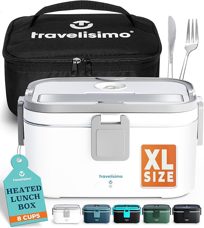 TRAVELISIMO Extra-Large Electric Lunch Box For Adults Holds up to 8 Cups - 100W Heated Lunch Box For Men 1.8L, Portable Food Warmer for Travel & Work, Loncheras Electricas Para Calentar Almuerzo