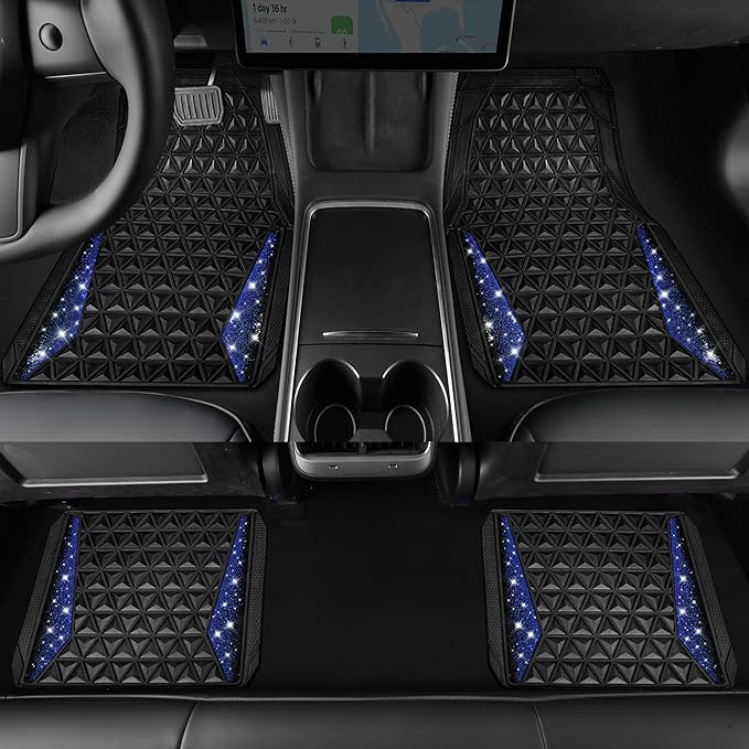 CAR PASS Bling Diamond Car Mats Rubber Floor Mats Full Set Anti-Slip 3D Rhombus Waterproof Trim to Fit Liner Universal Glitter Crystal Sparkly Shining Rhinestone Girl Women SUV Sedan Van, Black Blue