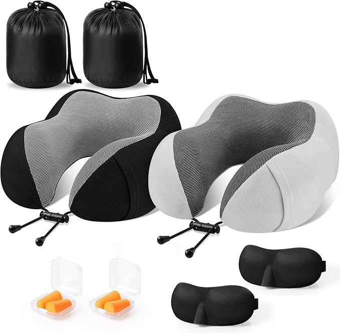 CloudBliss Travel Pillow Premium Memory Foam, Comfortable & Supportive Neck Pillow, Neck Pillows for Sleeping Travel, Airplane Pillow for Sleeping Airplane, Car, Office and Home（Black & Light Grey）